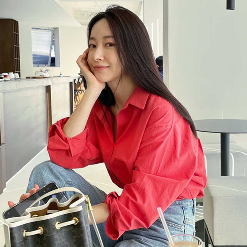 Korejpaa Women Shirt Summer Korean Chic Female Niche Basic Lapel Single-Breasted Loose-Fitting Casual Long-Sleeved Blouses 210526