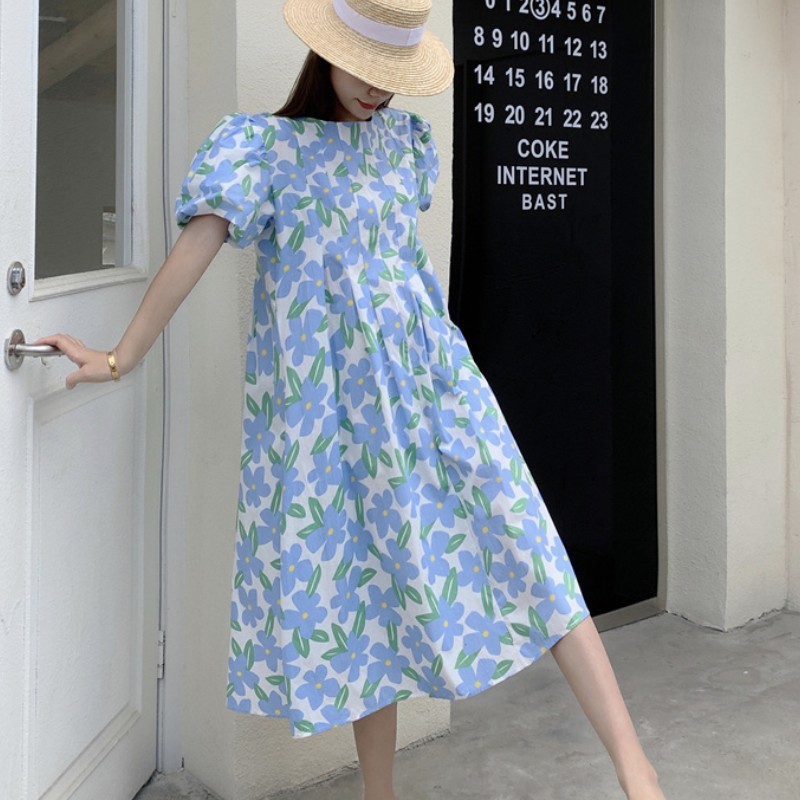 Fashion Retro Blue Print Long Dress Korea Summer Women Sweet Puff Sleeve O Neck Casual Bohemian Vacation Dress 210518