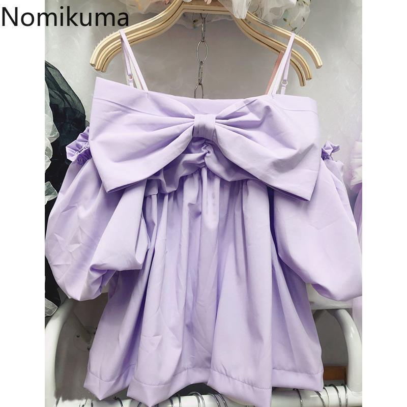 Nomikuma Sweet Bowknot Sling Blouse Shirt Puff Sleeve Strapless Korean Women Tops Summer New Blusas Mujer De Moda 6H365 210427