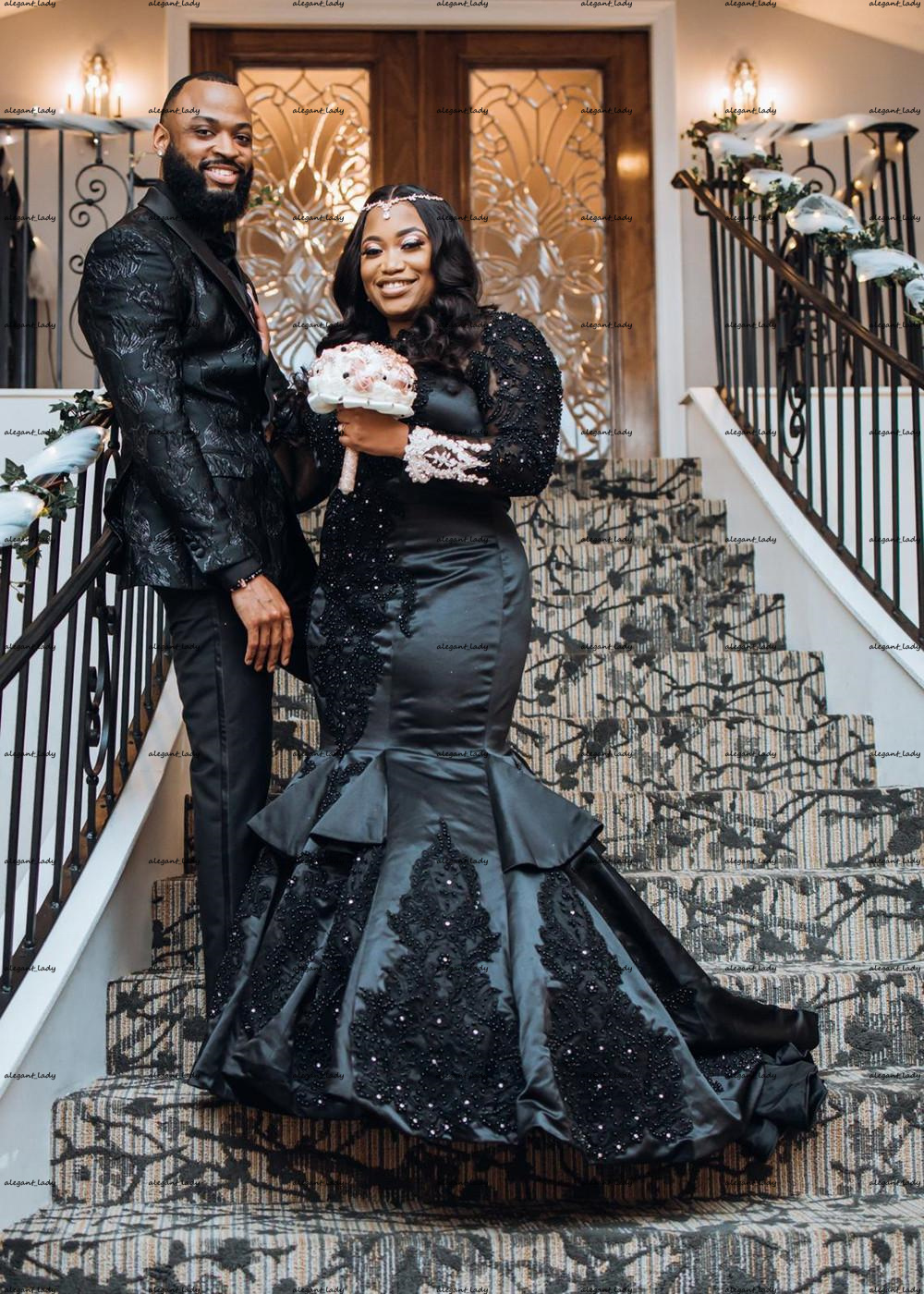 Black Gothic Mermaid Wedding Dresses With Long Sleeves Beading Pearls applique Satin Non White african lace-up boho outdoor Bride Dress plus size