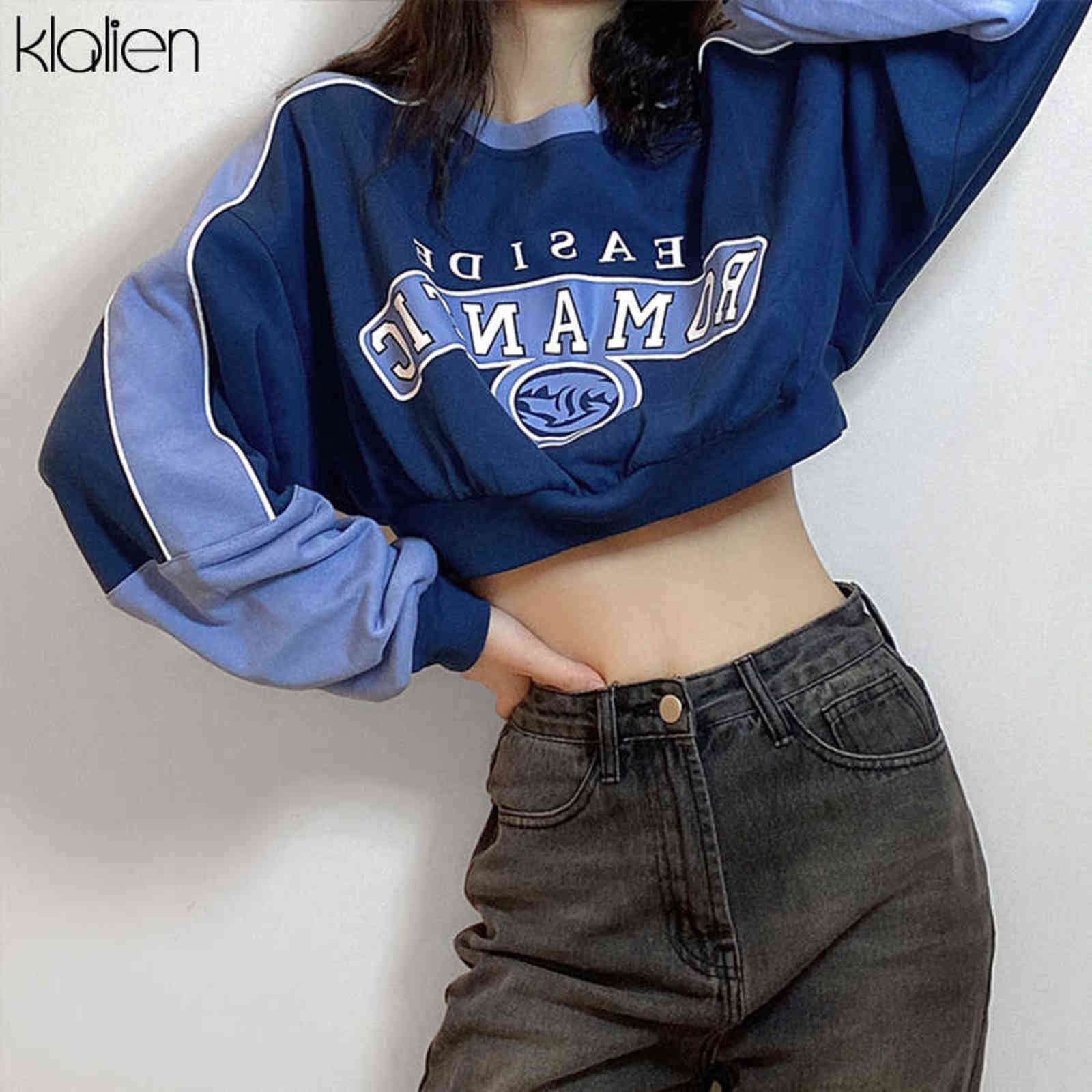 KLALIEN Fashion Print Letter Long Sleeve O neck Loose Pullovers Hoodie Autumn Casual Street Soft Cotton Wild Sweatshirt Lady 211109