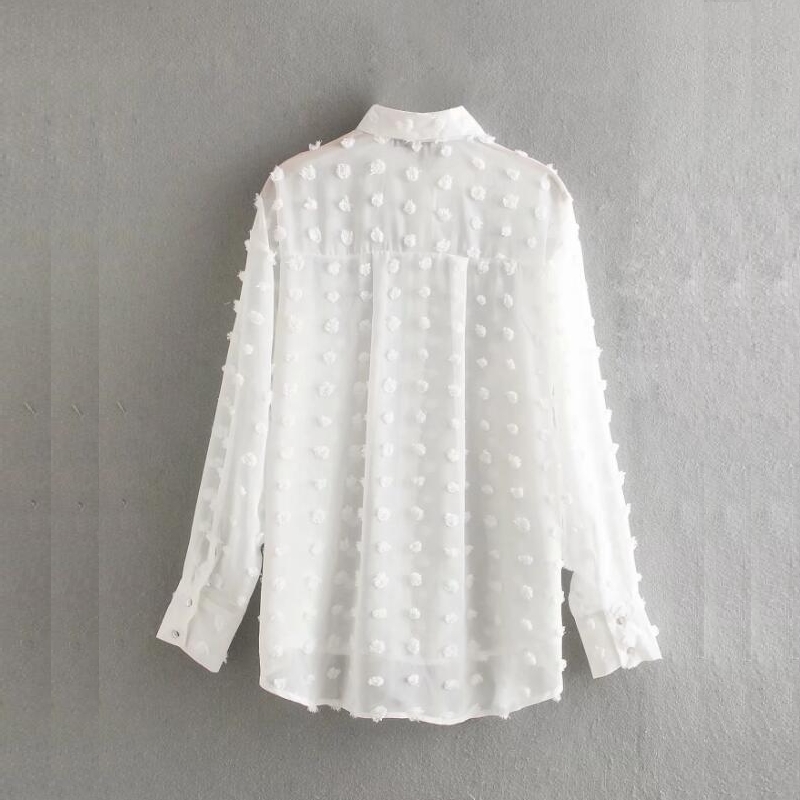 Dot Flocking Chiffon Women Long Sleeve Shirt Casual Female White Blouse Loose Tops Blusas Mujer S5781 210430