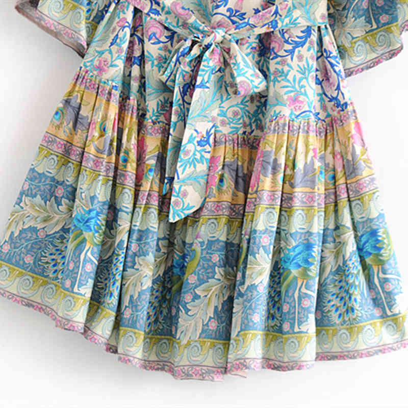 beauty Boho Floral Print Women's Midi Dress Holiday Sashes Flare Sleeve Mini Dresses Female Beautiful Beachwear 210514
