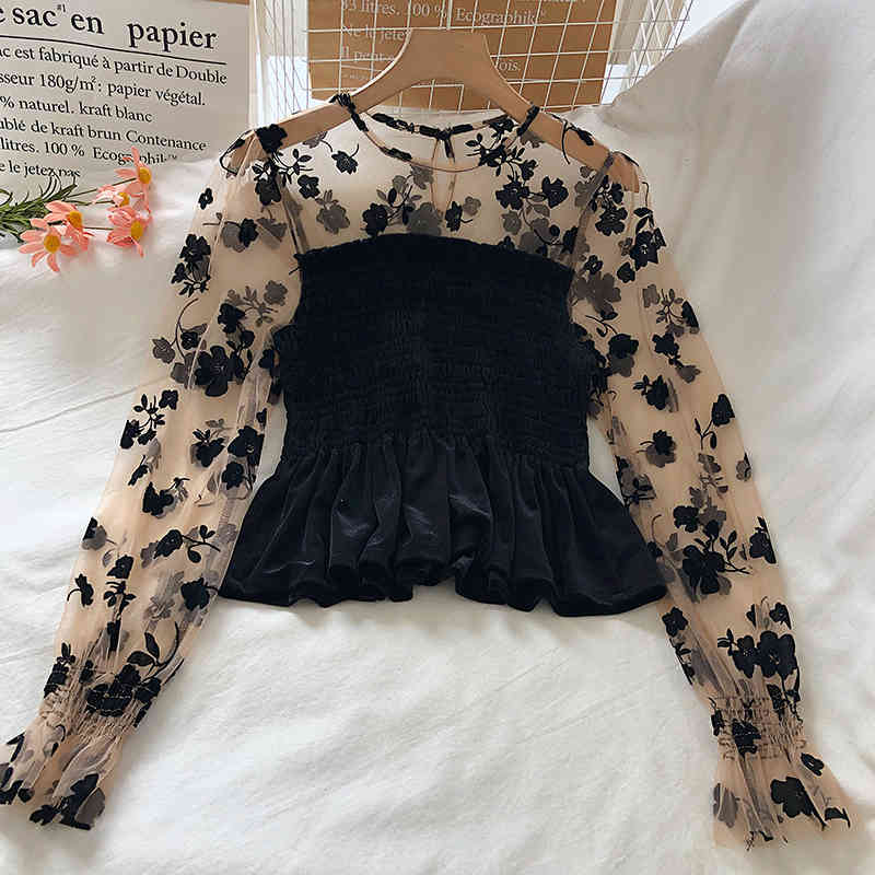 Spring Autumn Velvet Blouse Women Mesh Floral Sleeve Patchwork Tops Female OL Casual Blouses Korean Elegant Blusas 210519