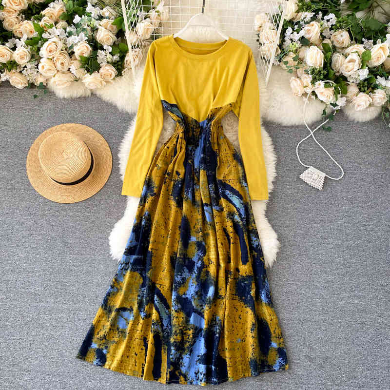 Spring Summer Women's Casual Chic Dress High Waist O Neck Long Sleeve Splicing Vintage Print Holiday Style Ladies 210520, Yellow
Spring Summer Women's Casual Chic Dress High Waist O Neck Long Sleeve Splicing Vintage Print Holiday Style Ladies 210520, Yellow