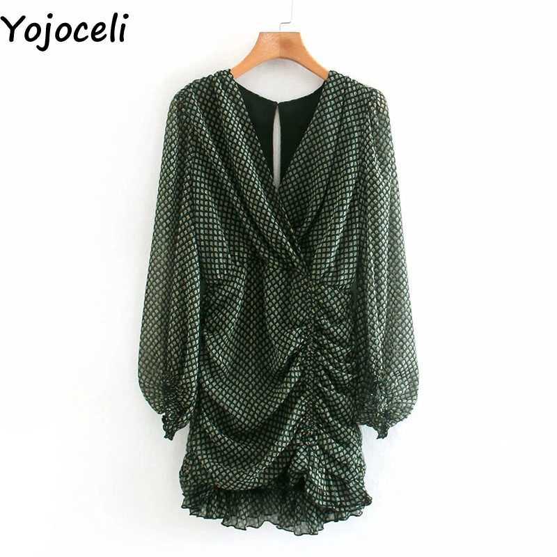 Yojoceli Elegant v neck print ruffle short pleated dres Autumn casual cool chiffon 210609