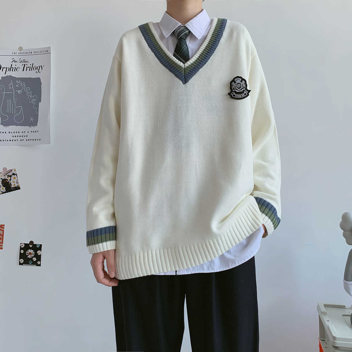 Privathinker Men's Casual Sweater Oversize JK Knitted V-Neck Pullover Winter Woman Thicken Warm College Pullovers Unisex 211008