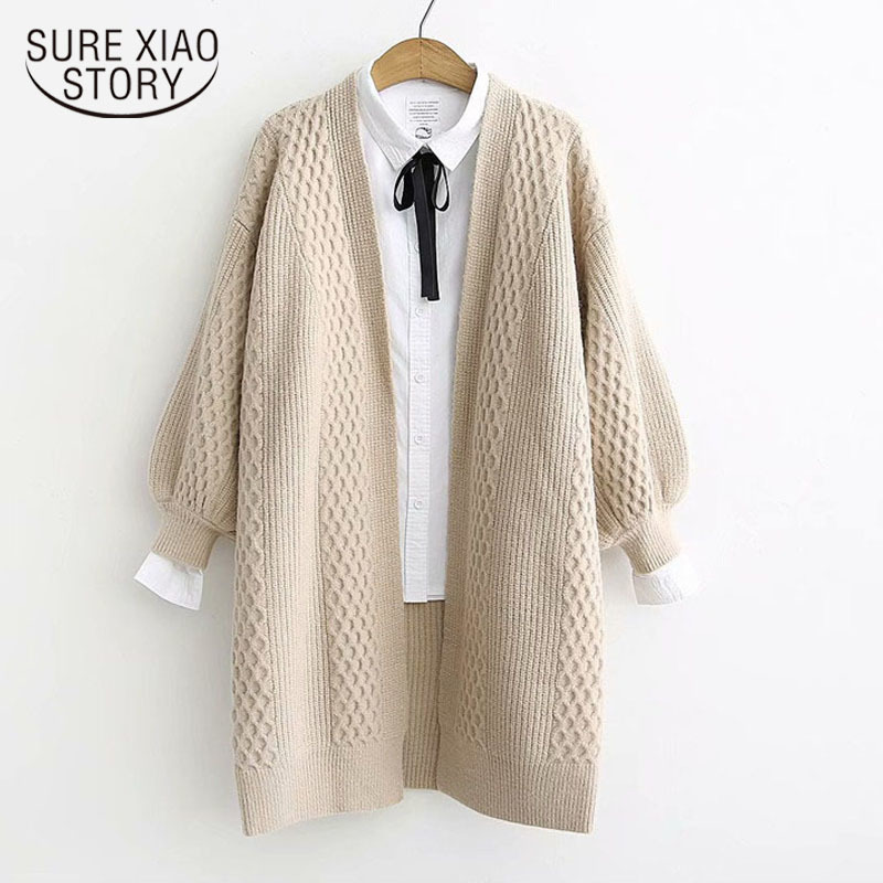 Puff Sleeve Loose Knitted Sweater Fall Women Cardigan V-neck Jacket Coat Clothes Female Casaul Knitwear Tops 10879 210506