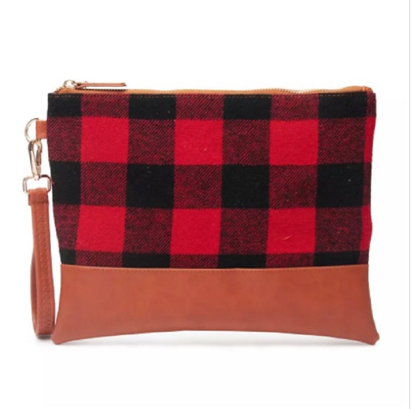 11.5*8.5 Inch Buffalo Plaid Wristlet Wholesale Blanks Woman White Black Plaid Clutch Bag With Brown Faux Leather For Christmas Gift
11.5*8.5 Inch Buffalo Plaid Wristlet Wholesale Blanks Woman White Black Plaid Clutch Bag With Brown Faux Leather For Christmas Gift