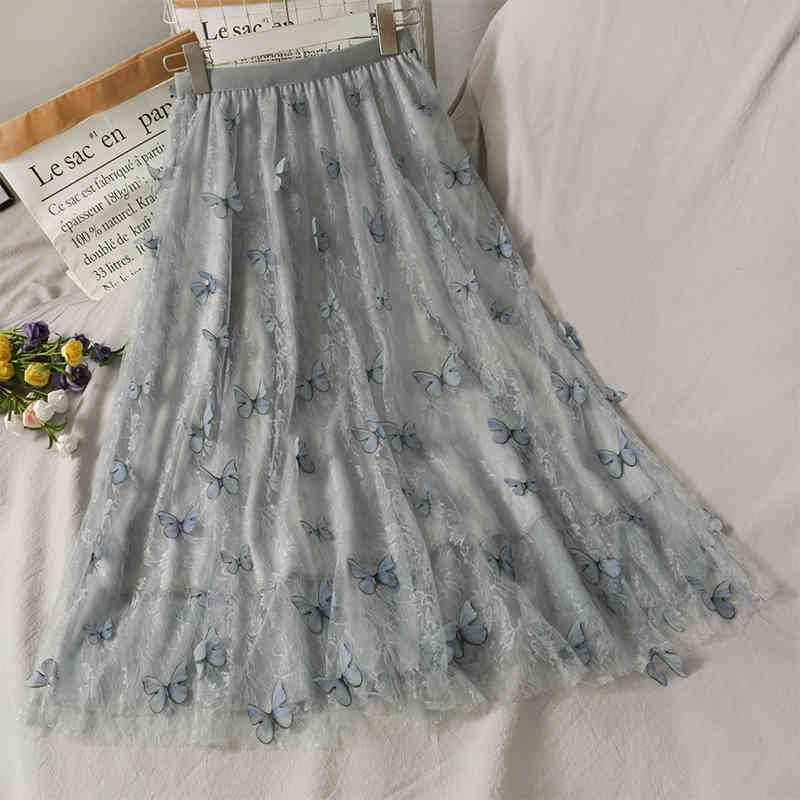 Skirts Womens Elegant Butterfly Patchwork Pleated Mesh Skirt Korean Japanese Kawaii Cute Long Faldas 210519