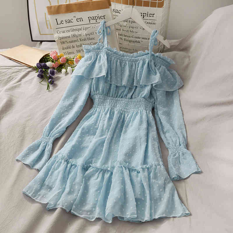 Sexy Fairy Strap Off Shoulder Ruffled Polka Dot Chiffon Dress Women Flare Sleeve Sweet Slim Waist Pleated Vestido Feminino 210429