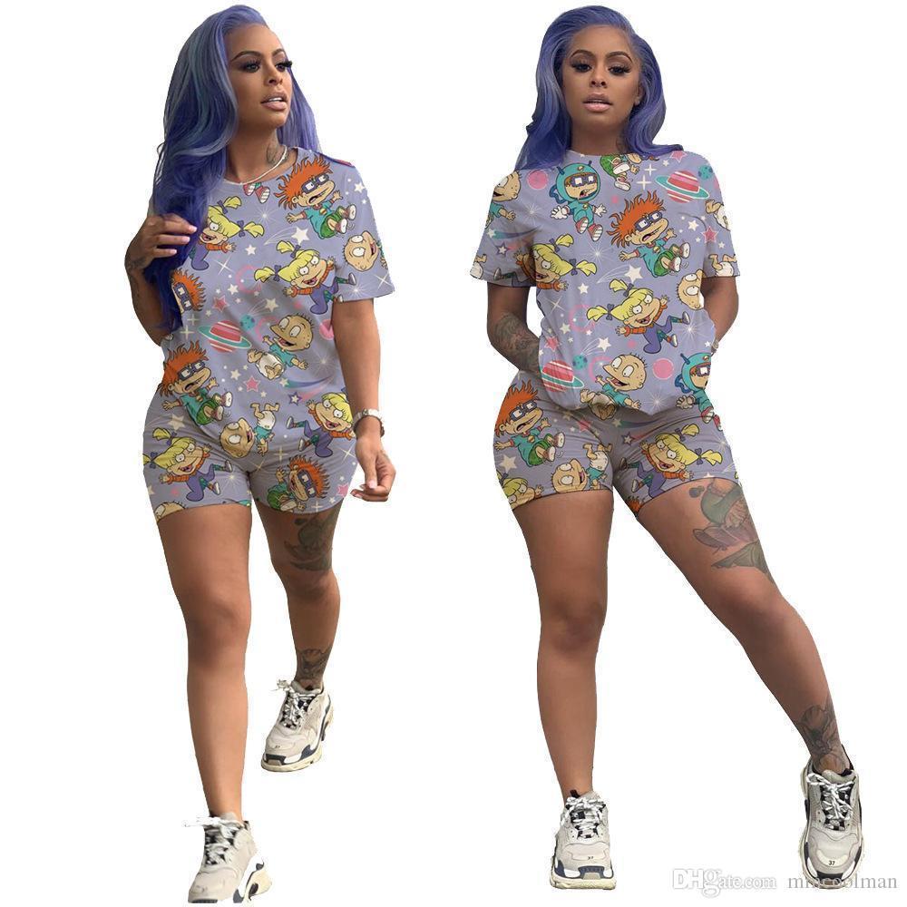 Fashion Cartoon Printed Casual Set dresses Womens Designer Tracksuit Short Sleeve Outfits 2 Piece Pant Sport Suits Clubwear