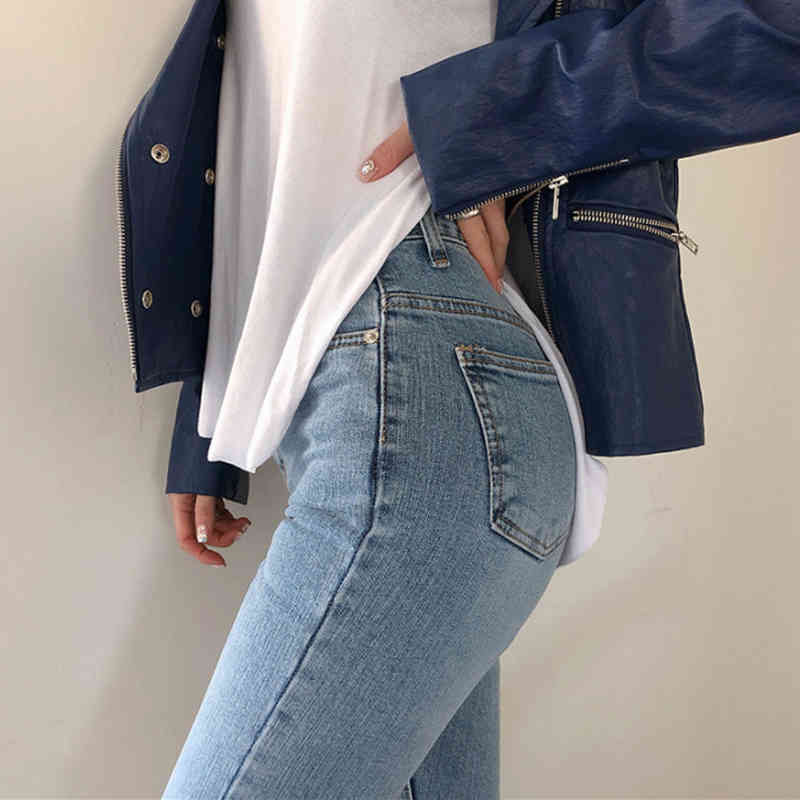 High Waist Stretch Jeans Women's Clothing Summer Blue Denim Simple Ripped Holes Skinny Casual Female Trousers 10406 210518