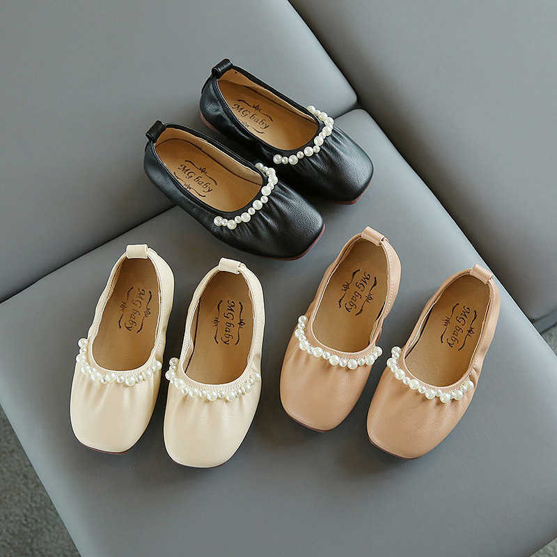 Autumn Girls Leather Shoes Fashion Solid Color Pearl Baby Girl Shoes Flat Heels Kids Dress Shoes Soft Bottom Black Beige SMG217 X0703