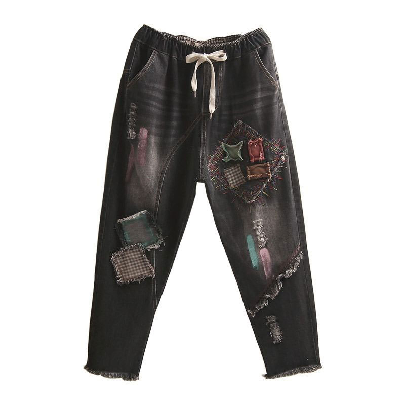 Spring Autumn Women Elastic Waist Denim Harem Pants Embroidery Patchwork Vintage Jeans Ladies Tassel Top Quality D99 210512