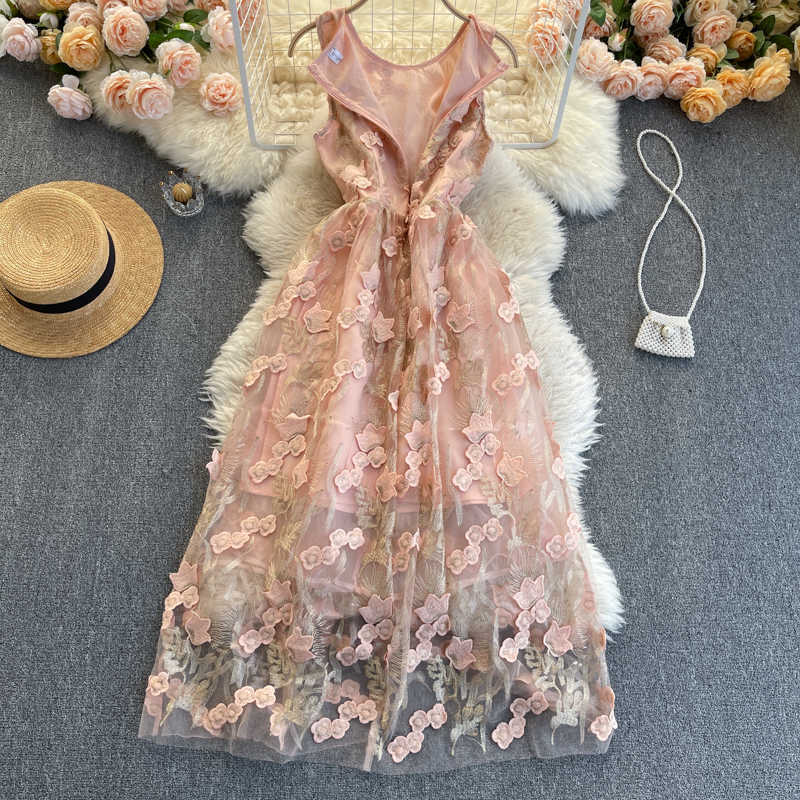 Women Fashion 3D Flower A-line Dress Round Neck Sleeveless High Waist Elegant Harajuku Vestido De Mujer R499 210527