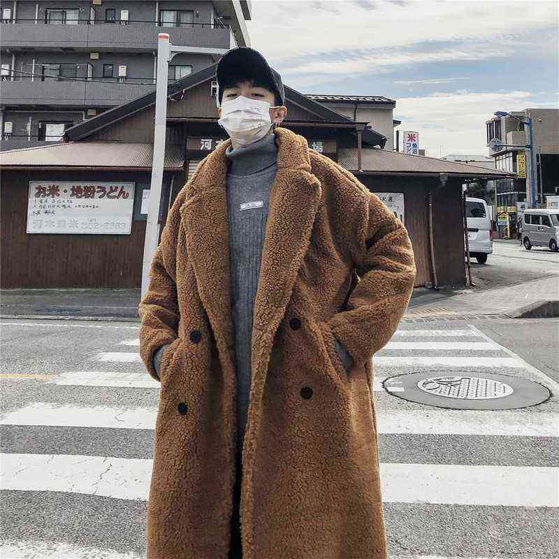 Men Winter Thicken Warm Teddy Bear Coat Long Sleeve Fleece Faux Fur Trench Oversize Outwear Casual Loose Long Plush Overcoat 4XL 211122