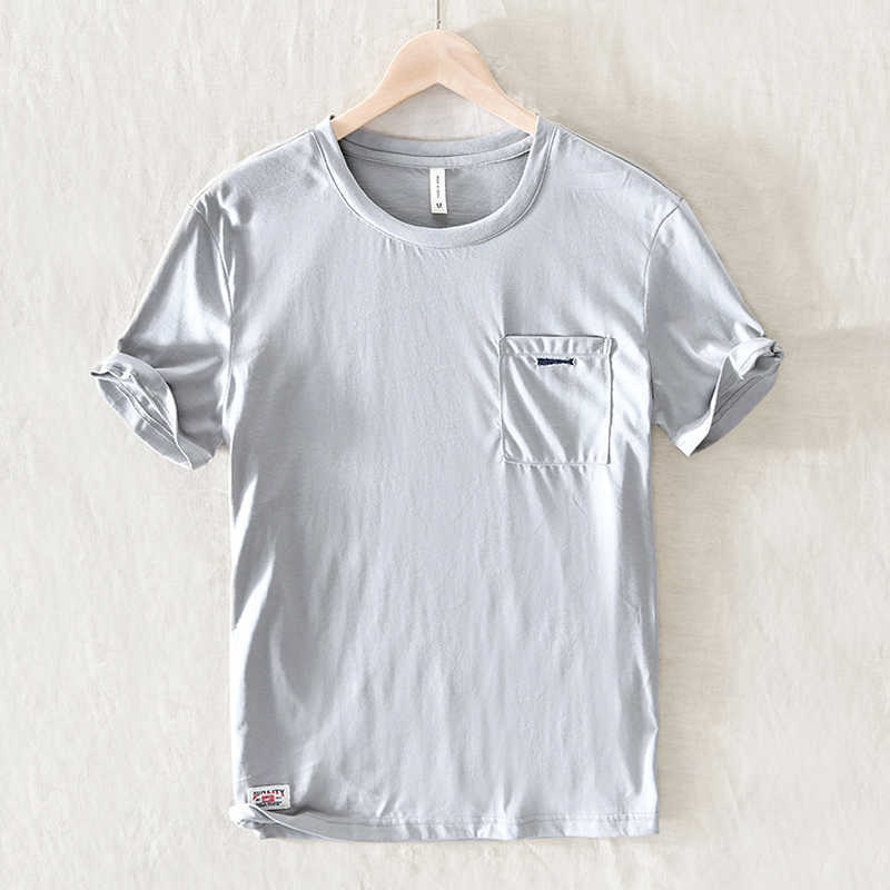 O-Neck Short Sleeve T-Shirts For Men Loose Casual Yellow Tops & Tees Chest Patch Pocket 100%Pure Cotton Men's Fashion Clothing 210601