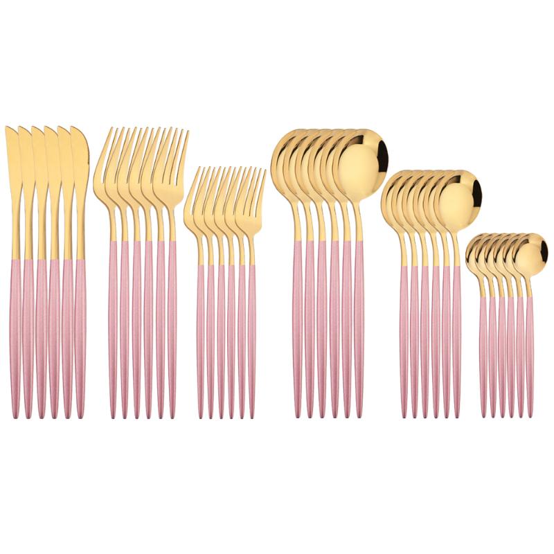 

Dinnerware Sets 6people Pink Gold Cutlery Set Western Knife Dessert Forks Spoon Flatware Stainless Steel Silverware Kitchen Tableware, 6pcs cake fork