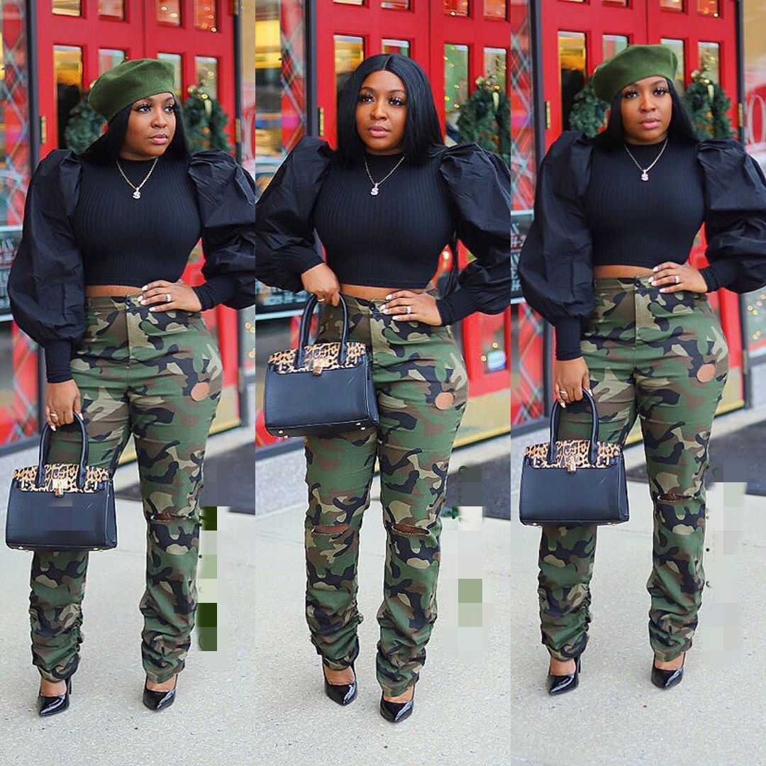 Sale Streetwear Women High Waist Hole Stacked Pants for Casual Skinny Green Camouflage Trouses Plus Size Broeken Dames 210604
