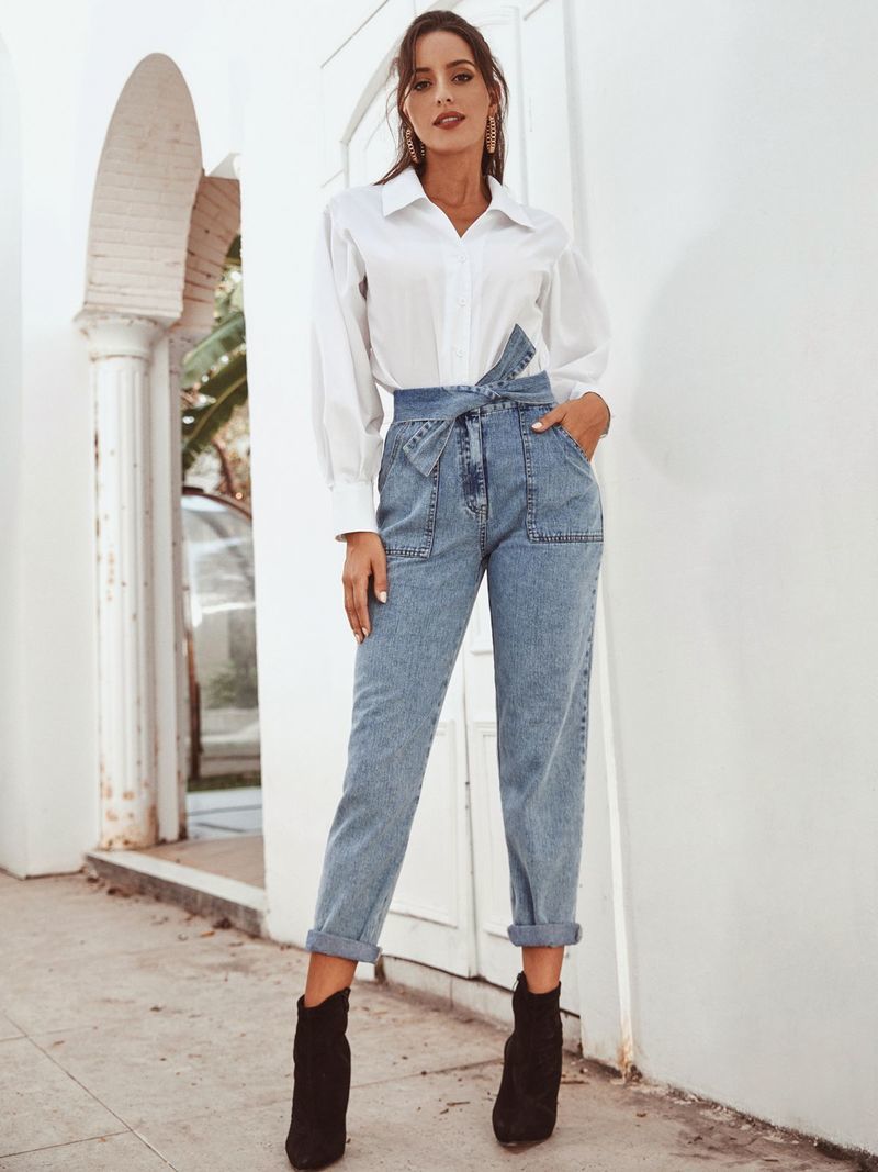 High Waist Jeans Woman Casual Women Autumn Straight Denim Trousers Blue Vintage Loose Office Lady Clothes 10520 210510