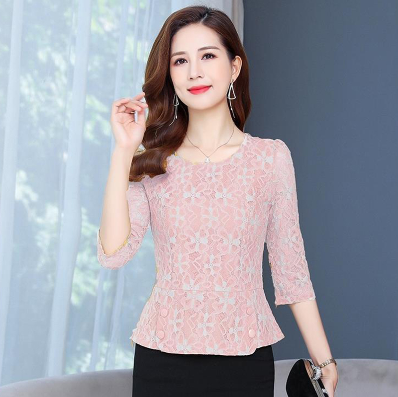 Women Spring Autumn Style Lace Blouses Shirts Lady Casual Half Sleeve O-Neck Lace Blusas Tops ZZ0600 210317
