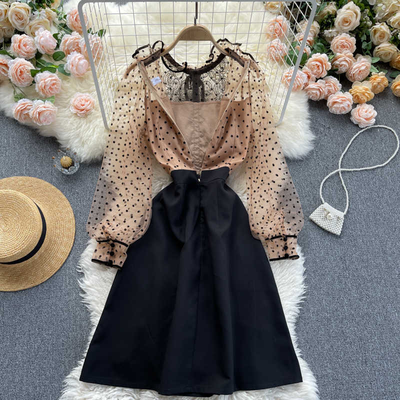 DEAT summer Arrivals Mesh Round Collar Puff Sleeve Stitching Waist Slim A-line Dress MZ726 210709