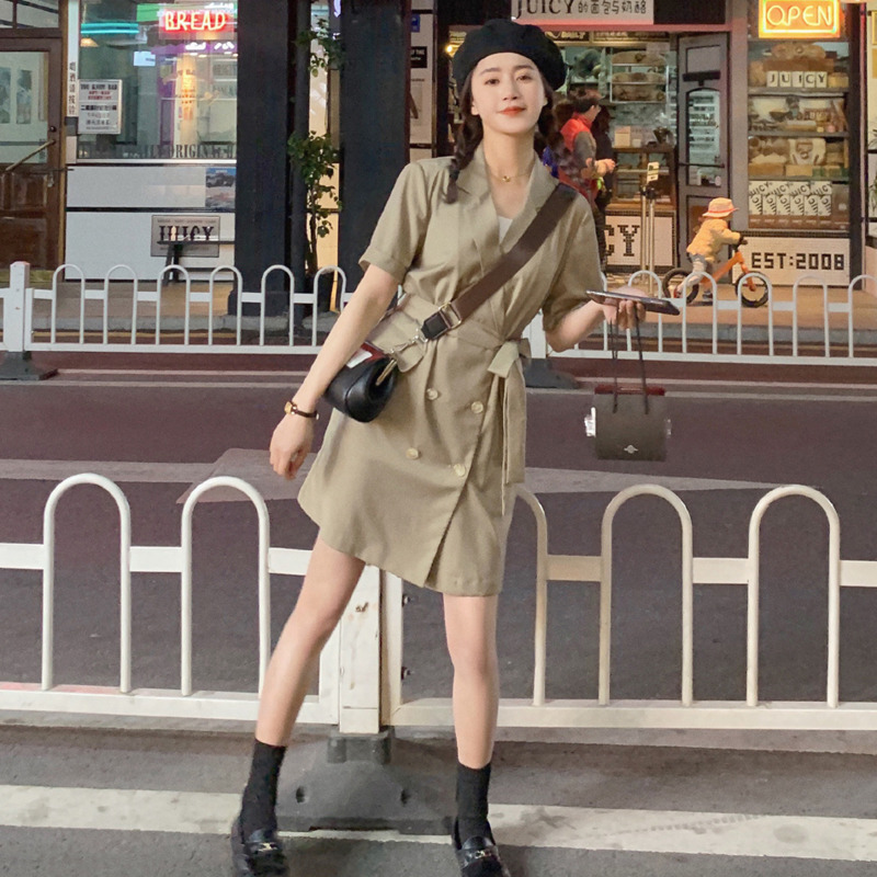 Women Dress Lapel Collar High Waist A-line Short Sleeve Temperament Fashion Summer 2H734 210526