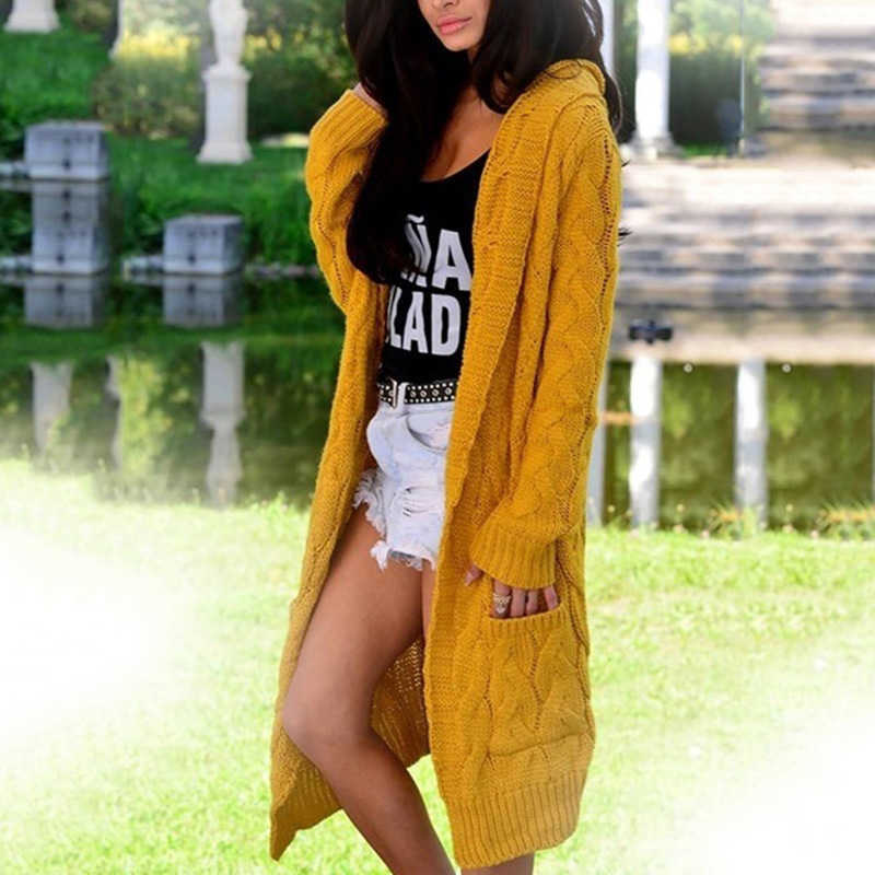 Autumn Lady Slim Fit Cardigan Long Pocket Grey Hooded Sweater Winter Clothes Women Knitted Casual Loose Femme Chandails 210604