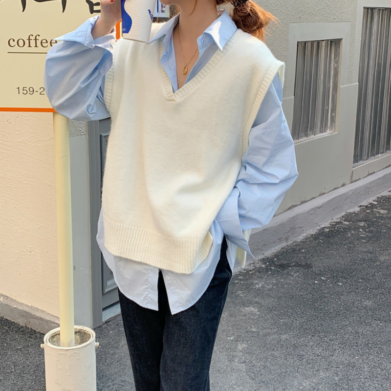 Comelsexy Spring Autumn Sleeveless OL Outwear Vest Sweater Women Tops Minimalist Elegant V-neck Loose Knitted Sweaters 210515