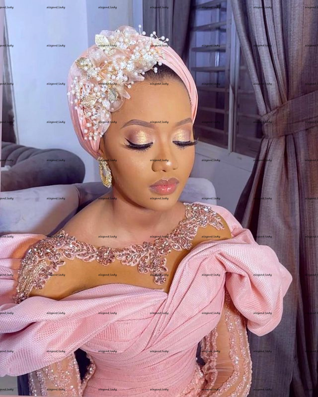 Sheer O-neck Puffy Long Sleeve Wedding Dresses Hot Pink Sparkly Lace Beaded Mermaid African Nigeria Arabic Aso Ebi Bridal Gowns