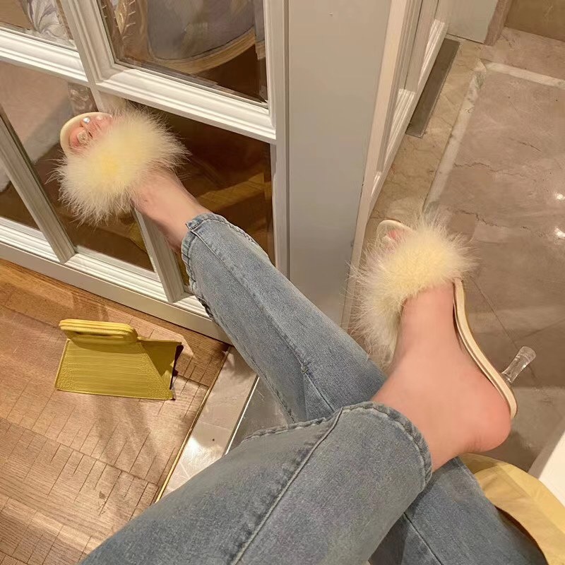 Elegant Fur Women Slides Slippers Open Toe Clear Thin High Heels Pumps Purple Sandals Dress Shoes Fashion Summer Slides Mules 210513