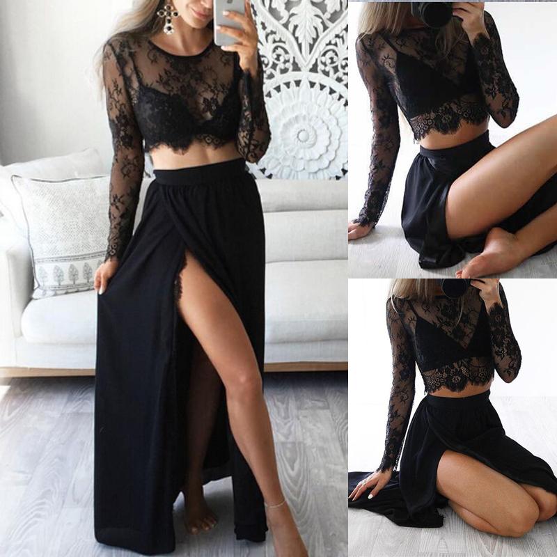 Two Piece Dress Floral Embroidery Lace Top Maxi Skirt Suit 2021 Women Sexy Crop High Waist 2 Set Split Summer Long