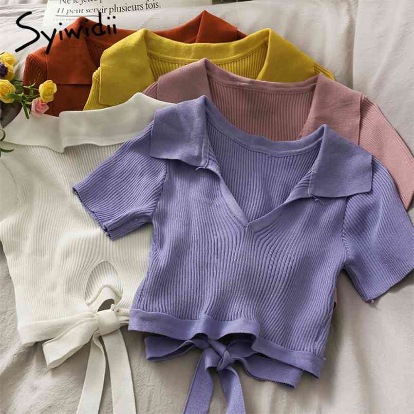Knitted Crop Tops for Women Summer Sexy Bow Bandage Turn-down Collar Shirts Streetwear Short T Shirt Slim Tees 210607, Pink
Knitted Crop Tops for Women Summer Sexy Bow Bandage Turn-down Collar Shirts Streetwear Short T Shirt Slim Tees 210607, Pink