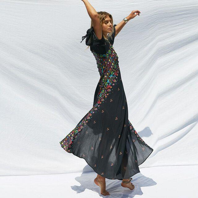 Summer Dress Women 2021 Boho Floral Print Ladies Slim Maxi Flared Sleeve V-Neck Vestidos Elegant Female Casual Dresses