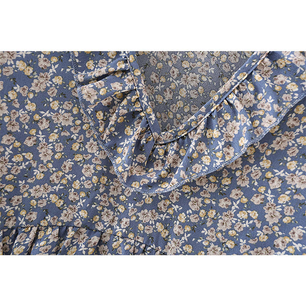 Women Dress Floral Printed V-neck Long Sleeves Ruffled Hem Vintage Casual Short Woman Dresses 210709