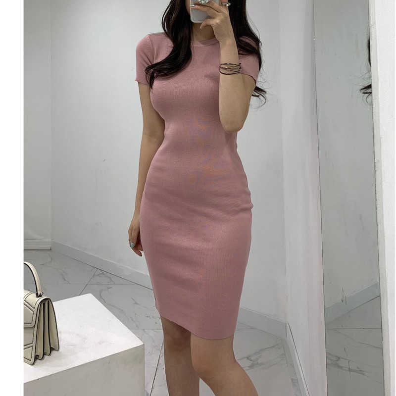 WOMENGAGA Slim Round Neck Short Sleeve Knitted Skinny Mini T Shirt Sexy Women Party Dress Dresses Elegant Knitting Vintage 9HCU 210603