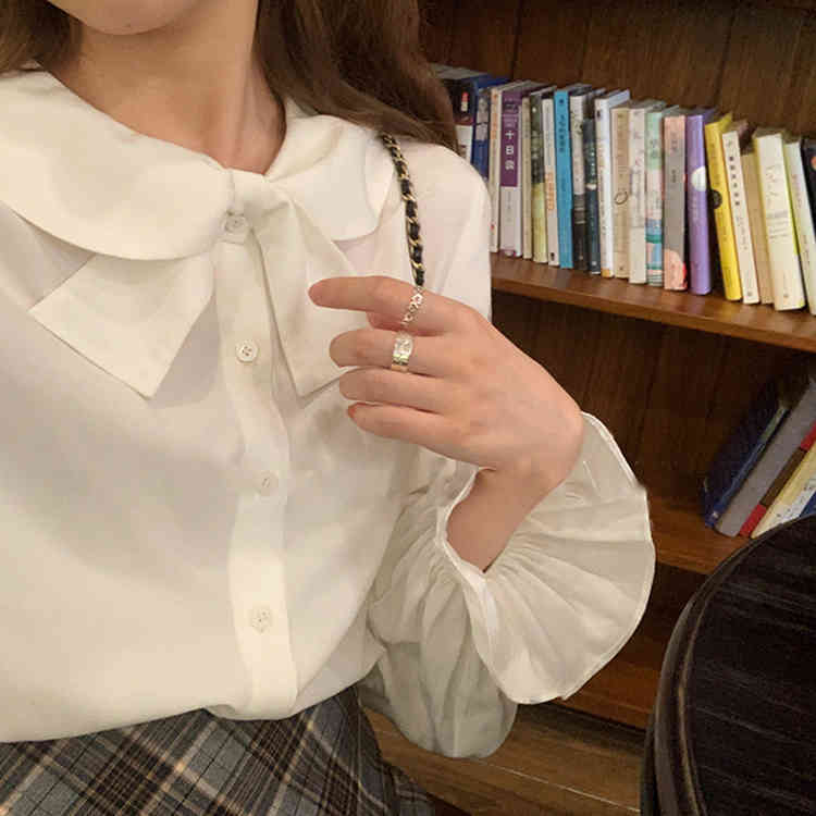 Chiffon Blouse Women Casual Bow Peter Pan Collar Long Sleeve Chiffon Shirt Female Office Lady Korean Tops Autumn Clothing 210521