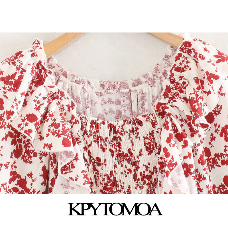 Women Chic Fashion Floral Print Smocked Ruffled Midi Dress Square Collar Short Sleeve Female Dresses Mujer 210420