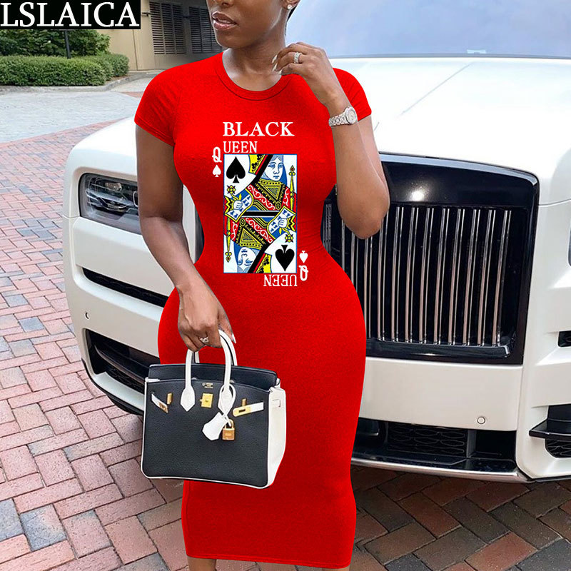 Summer Dress Fashion Poker Print Short Sleeve o Neck Women Maxi Casual Plus Size Slim Streetwear Sundress Roupas Femininas 210515