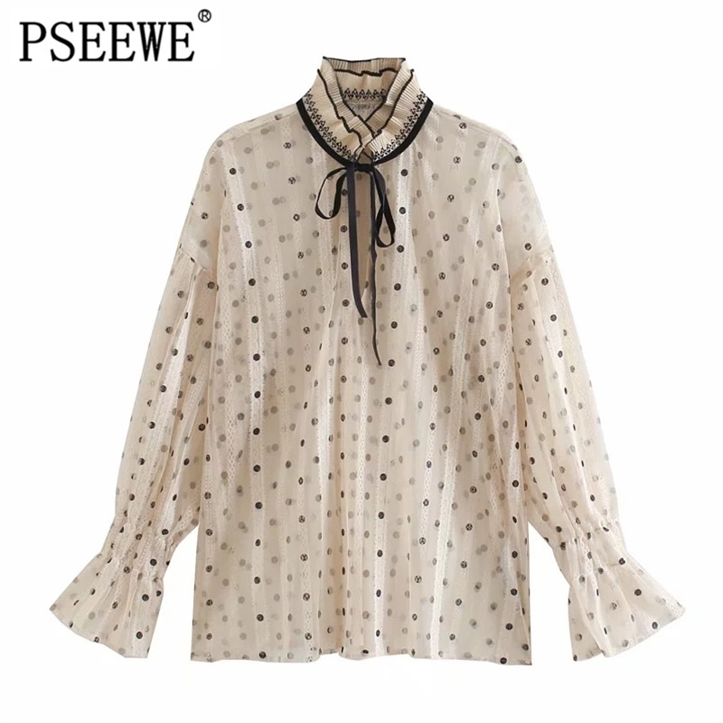 Tops Polka Dot Semi-sheer Lace Sexy Top Vintage High Collar Long Sleeves Fashion Contrast Bow Tied Belt Female Blouses 210519, Champagne
Tops Polka Dot Semi-sheer Lace Sexy Top Vintage High Collar Long Sleeves Fashion Contrast Bow Tied Belt Female Blouses 210519, Champagne