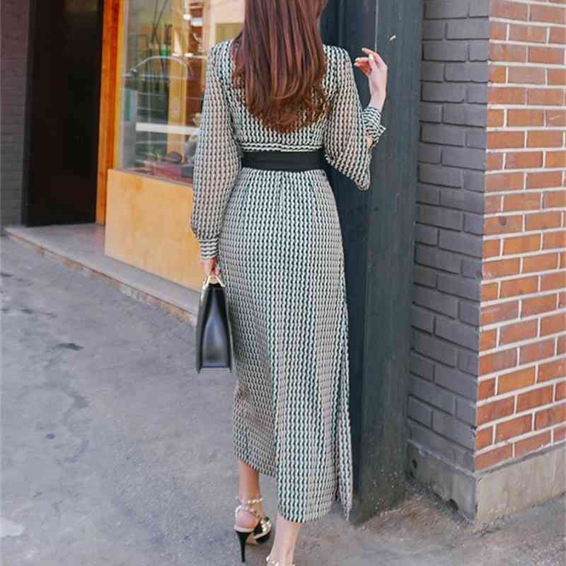 OL Work wear Elegant Party Dress Women Summer Long Sleeve Plaid Split Sexy V-neck Casual Wrap Vestidos 210519