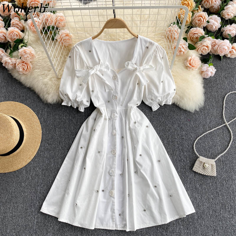 Chic Women Dresses Heavy Diamonds Sweet Vestidos Female Summer Single Breasted Korean Robe Lace Up Bow Slim White Dress 210519