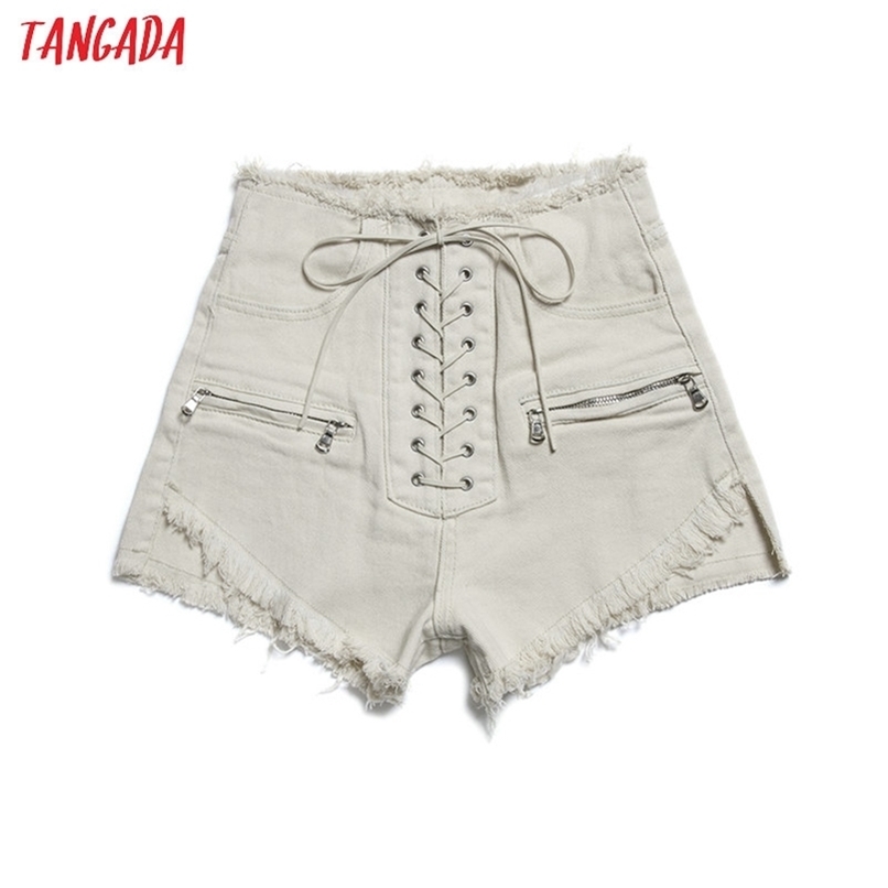 Tangada women stylish summer denim shorts lace up high waist pockets female casual streetwear white short jeans pantalone 2A19 210714