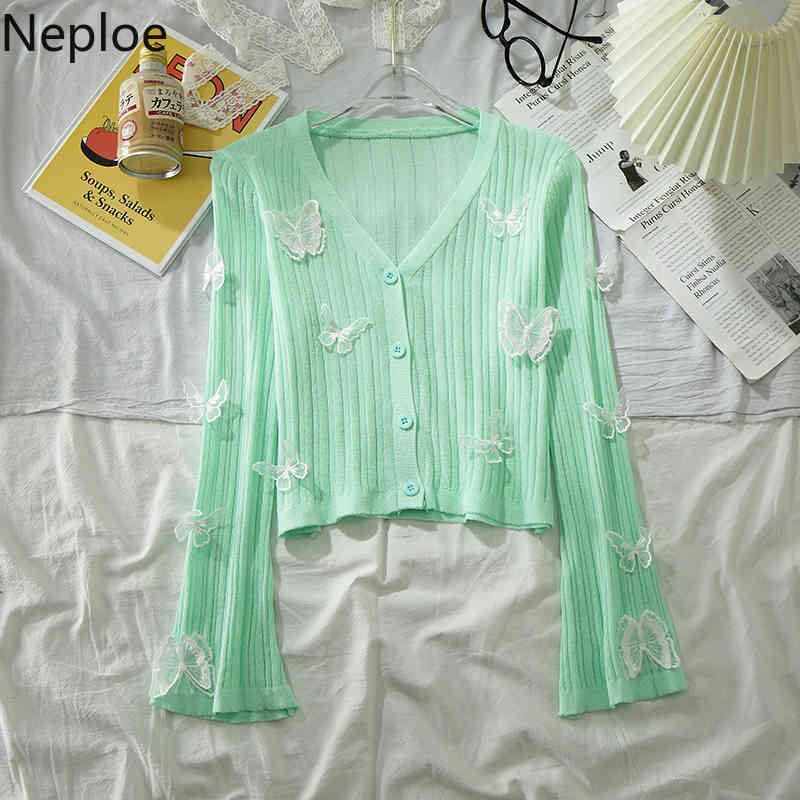 Neploe Knitted Thin Sweater Women Korean 3D Butterfly V-neck Flared Sleeve Cardigan Sun Protection Slim Fit Cropped Tops 4I613 210422