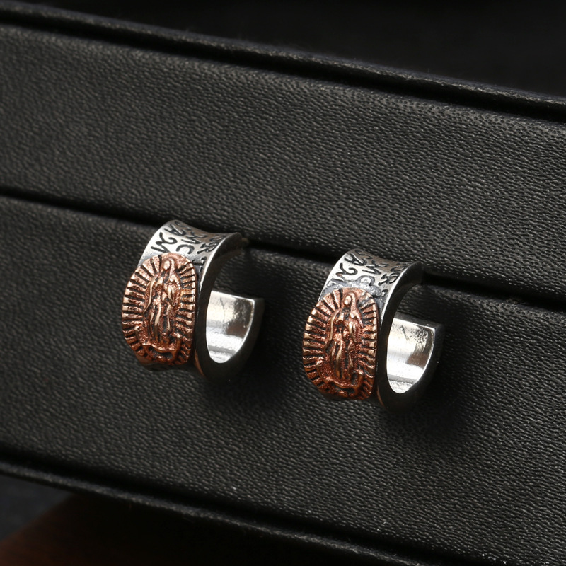 High quality 925 sterling silver vintage C type stud earring American European punk gothic antique handmade designer jewelry Mother of God ear accesso