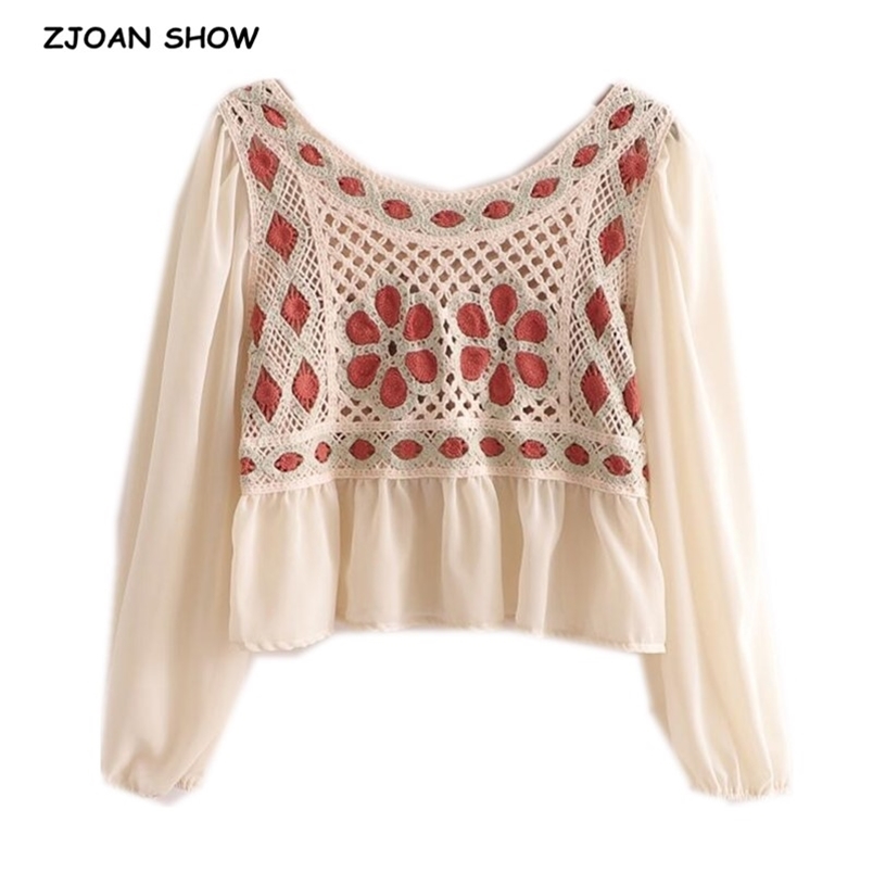 Ethnic Retro Long Puff Sleeve Spliced Lace Crochet Flower Short Shirt Women Loose Pullover Cropped Blouse Girl's Tops 210429