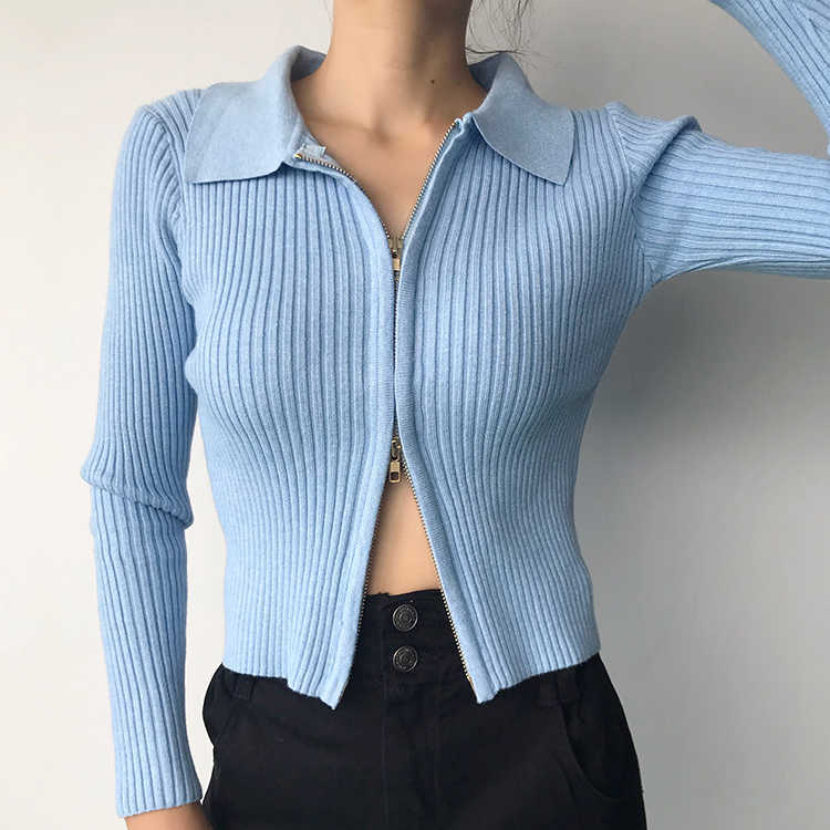WOMENGAGA Sexy Double-headed Zipper Lapel Long Sleeve Knitted Cardigan Women's Short Tops Vertical Stretch Slim Sweater M02O 210603