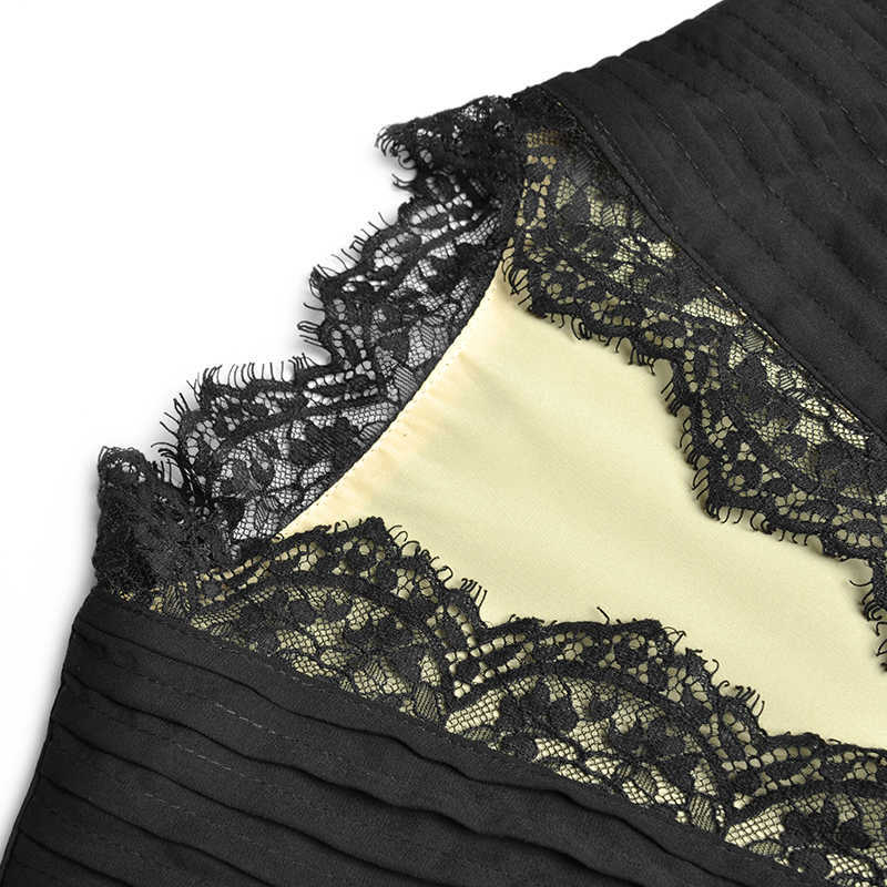 Black Patchwork Lace Dress For Women V Neck Lantern Long Sleeve High Waist Pleated Midi Dresses Female Fashion 210531