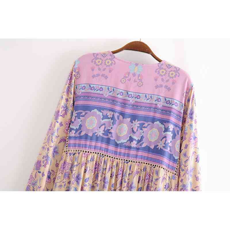 Summer Women's Boho Style Lace-Up Positioning Vintage Printing Long Sleeve Fringe Stitching Lace Dress 210514